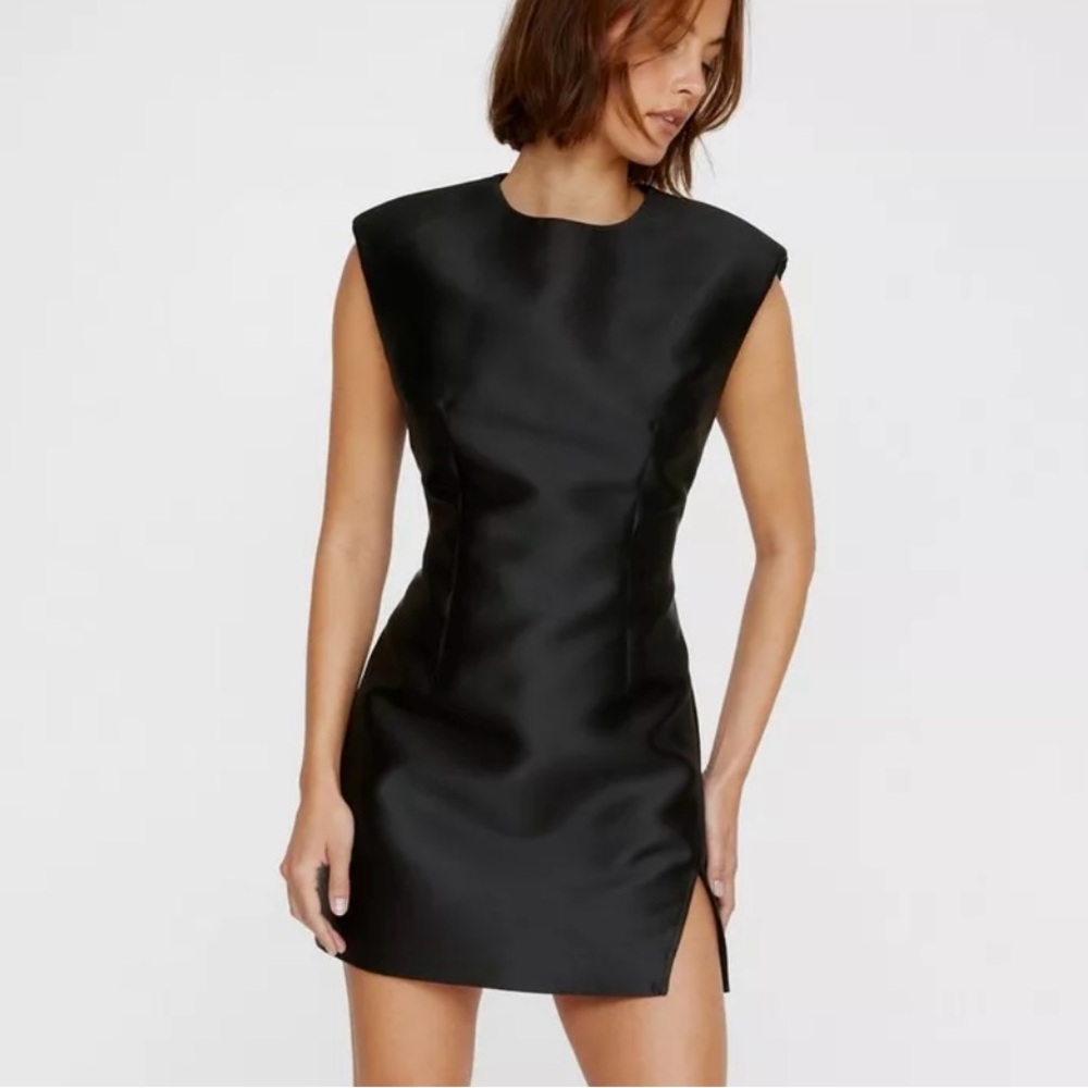 LBD Structured satin shoulder pad side split dress